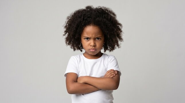 Portrait of an angry African American little girl standing with crossed arms and a grumpy expression. Upset Black child looking displeased isolated on a gray background. Childhood behavior and psychol