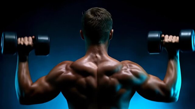 Man lifts dumbbells showcasing powerful muscles and strong physique. Set against dramatic blue lighting, scene emphasizes strength and fitness. Concept of gym, personal training, bodybuilding