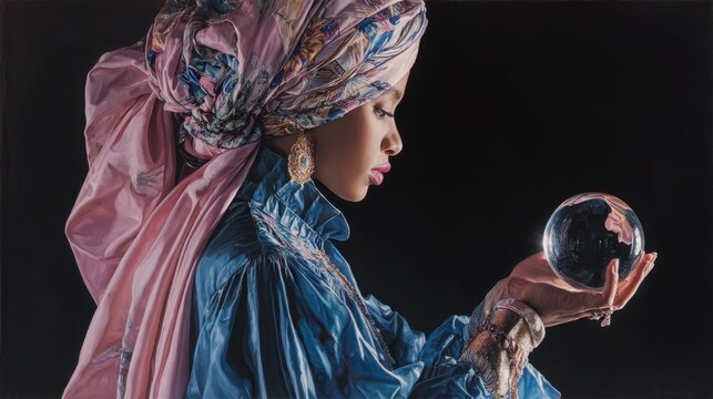 Hyper-realistic fantasy portrait of a young woman in blue and pink garments with an elaborate headscarf, holding a crystal ball with both hands in a stark dark backdrop; full-body portrait with rich