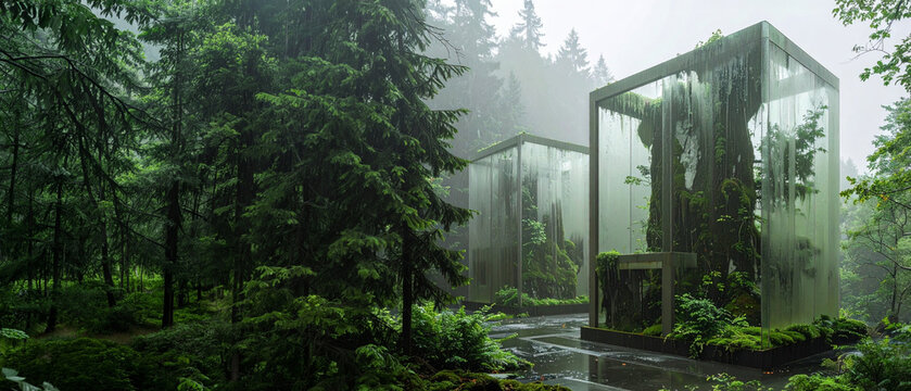 Glass enclosure structure containing tree and plant life in a forest environment with water. Biotechnology preservation research concept illustration. Climate resilience display. Carbon capture techno