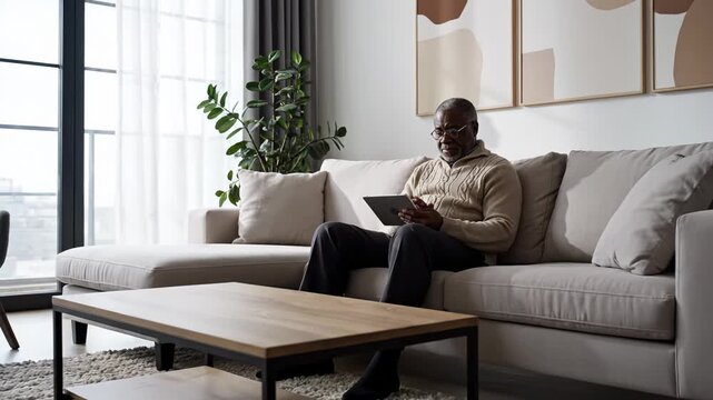 Man sits on beige sofa looking at tablet in cozy living room. Large windows show natural light, indoor plants add freshness. Concept of technology use, home comfort, lifestyle