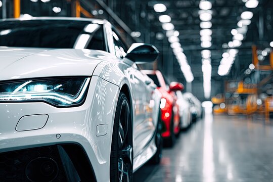 Gleaming white and red luxury vehicles line a bright, modern assembly line