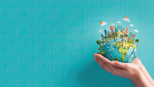 Hands cradle a miniature world with tiny people and buildings