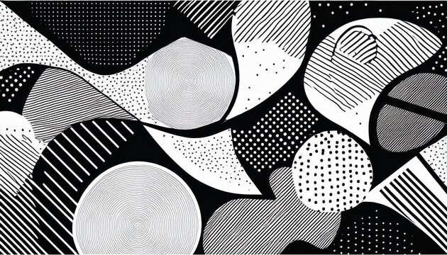 black and white abstract memphis pattern with geometric shapes and lines on white background for design and decoration with texture and graphic