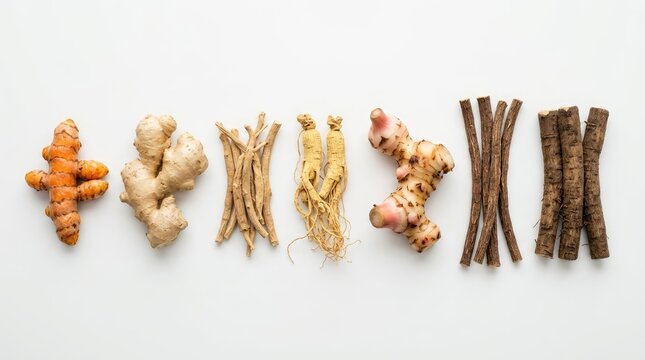 A collection of medicinal roots and herbs displayed in a row, showcasing their natural textures and shapes. The ingredients include turmeric, ginger, and other assorted roots, arranged artfully