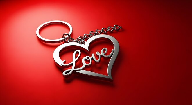 Shimmering silver heart-shaped 'Love' keychain, illuminated by a soft light on a passionate red surface, embodying affection and heartfelt sentiment