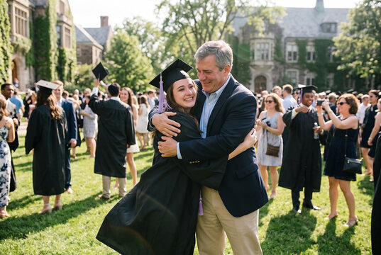 Proud father embracing daughter in cap and gown on graduation day