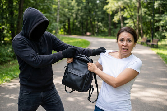 Hooded robber stealing backpack from scared woman in park during daytime