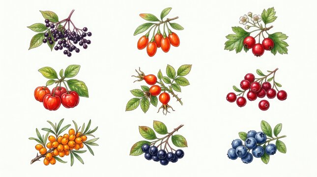 Collection of various berries and small fruits on branches, including elderberry, goji berry, hawthorn berry, cherry, rosehip, rowanberry, sea buckthorn, aronia berry, and blueberry.