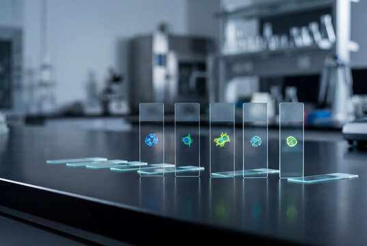 Fluorescent microscopic cell samples on glass slides in medical laboratory