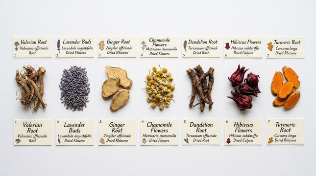 A variety of dried herbs and roots, neatly arranged with labels, including Valerian Root, Lavender Buds, Ginger Root, Chamomile Flowers, Dandelion Root, Hibiscus Flowers, and Turmeric Root