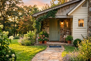 Obraz premium Cottage exterior bathed in warm golden hour light with lush front garden and stone walkway