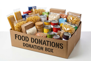 Cardboard donation box filled with non perishable food items