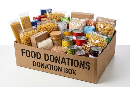 Cardboard donation box filled with non perishable food items