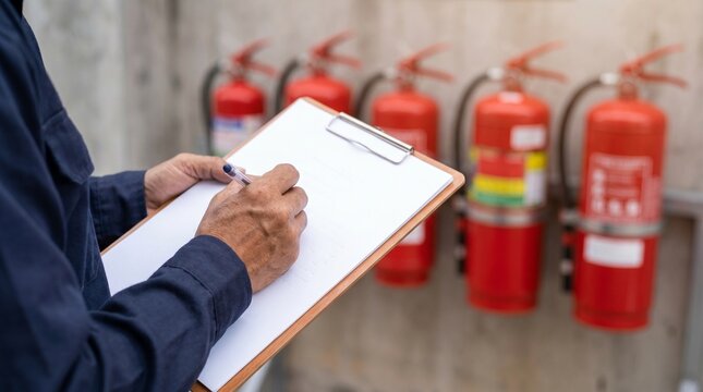 Close-up of a safety inspector writing on a clipboard during a fire extinguisher inspection. Workplace safety, compliance, and fire prevention concept