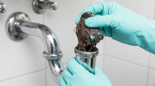 Close-up of hands in blue rubber gloves removing a disgusting clump of dirty hair from a clogged chrome sink pipe. Plumbing maintenance and drain cleaning concept.