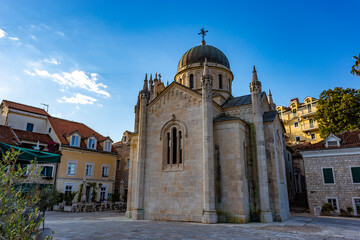 The striking stone facade and domes of the Orthodox Church of Saint Archangel Michael in Belavista Square Herceg Novi © Sergey Fedoskin