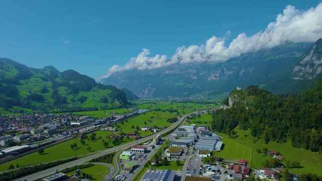 Aerial view around the city Flums in Switzerland on a sunny day in summer.