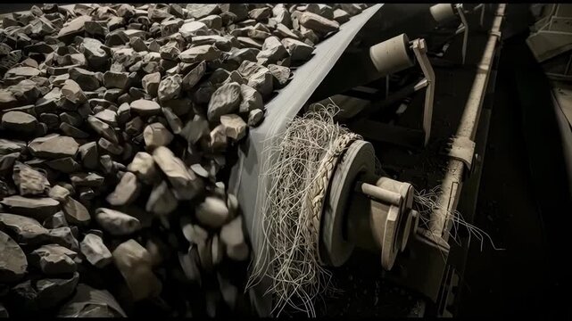 Conveyor belt snap causes sudden stop and material drop in industrial setting while transporting rocks