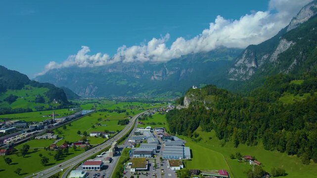 Aerial view around the city Flums in Switzerland on a sunny day in summer.