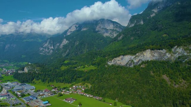 Aerial view around the city Flums in Switzerland on a sunny day in summer.