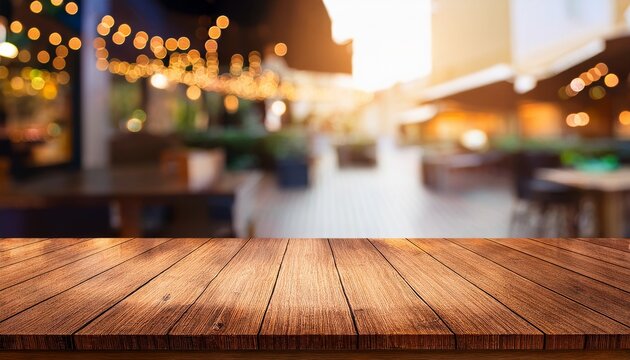 empty wooden table in front of coffee shop with bokeh background