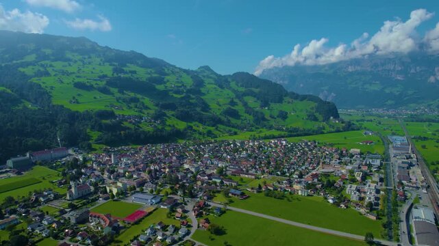Aerial view around the city Flums in Switzerland on a sunny day in summer.
