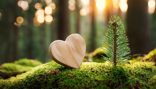 funeral wooden heart near a fir spruce tree natural burial grave in the forest woods wood hearts on grass or moss tree burial