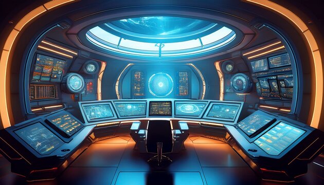 futuristic spaceship control room glowing displays technological interior