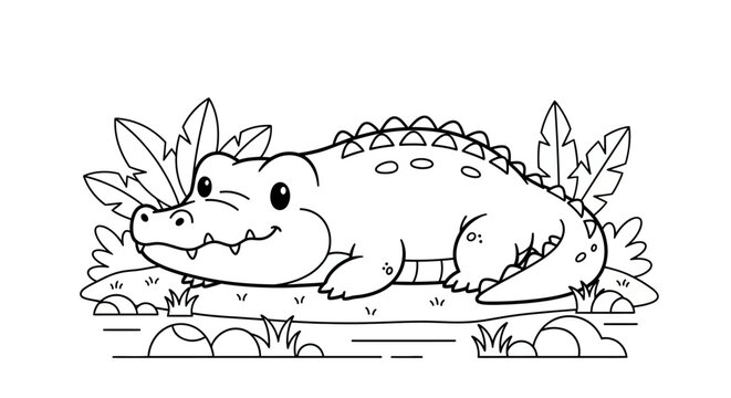 Cute cartoon alligator or crocodile outline drawing for coloring book. Friendly reptile character in jungle swamp environment, children's activity.