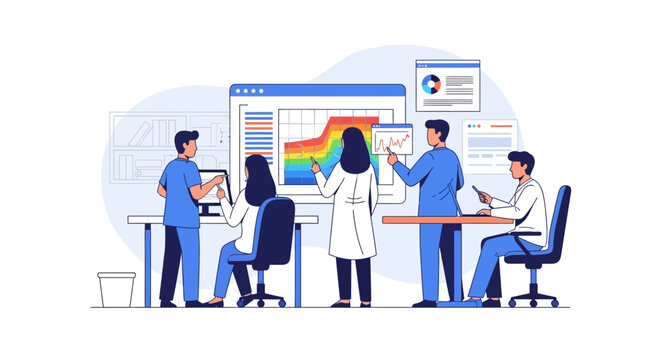 Team of scientists analyzing data and charts on a large screen in a modern laboratory, showcasing research and development.
