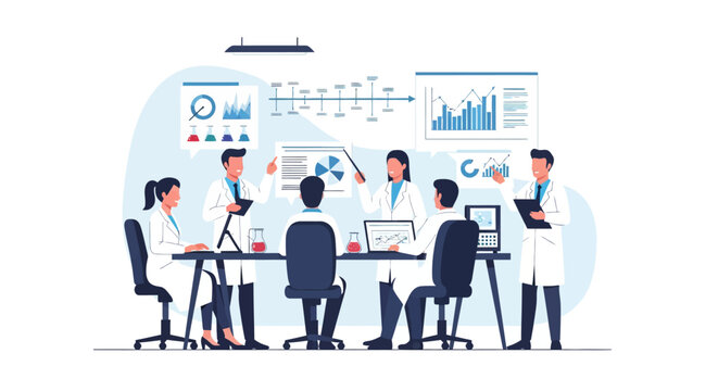 Scientists in lab coats collaborating in a modern meeting room, discussing research data on charts and screens.