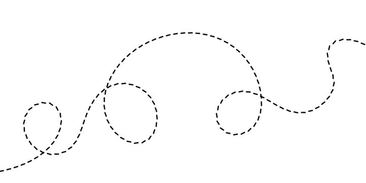 A whimsical dashed line illustration, creating a playful, meandering path with loops and curves, on a clean white background
