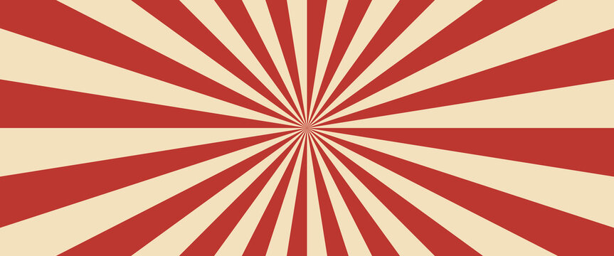 Sun ray circus. Circus retro background. Radial vintage burst. Light stripe. Sunburst red pattern. Beams energy line. Striped aging effect texture. Old poster. Starburst strips bg. Vector illustration
