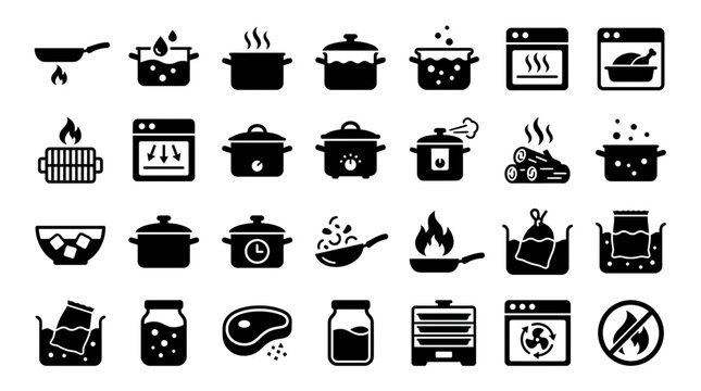 Modern vector collection of Minimalist Glyph Icons for Food and Culinary concepts, depicting cooking methods, kitchen appliances, and meal preparation processes