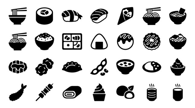 A comprehensive vector collection of Minimalist Glyph Icons representing a wide array of delicious Asian Food and Culinary delights, perfect for menus and web design