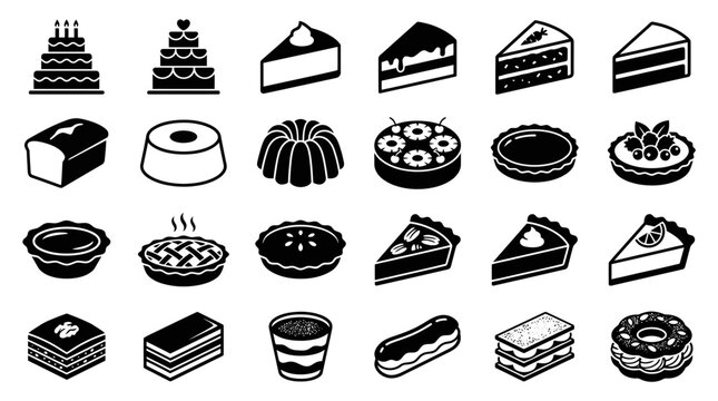 Explore a delightful array of sweet bakery items and desserts, beautifully rendered as minimalist glyph vector icons, ideal for various food and culinary design projects