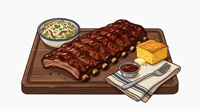 American Food Set - barbecue ribs with coleslaw, cornbread and sauce on wooden board, traditional southern meal vector illustration on white background  