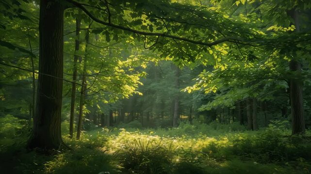 Sunlit forest clearing with ferns and rays of sunlight green canopy trees illuminating fern filled