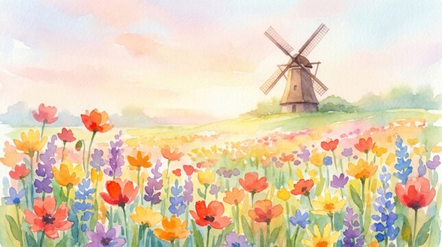 Artistic watercolor painting of wildflower meadow and traditional windmill at sunset with watercolor, painting