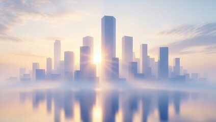 Fototapeta premium Morning sunrise over modern city skyline with tall skyscrapers rising through thick misty fog and reflection