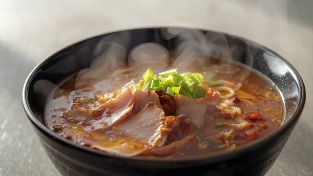 Steaming spicy ramen noodle pork broth scallion soup with sliced pork and chopped green onion