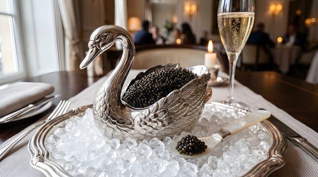Luxury black caviar served in silver swan dish on ice, gourmet sturgeon roe appetizer with champagne, elegant fine dining restaurant setting