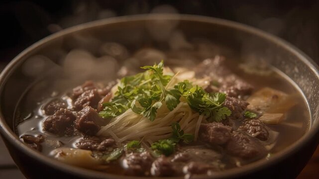 Savory beef noodle soup with fresh herb parsley, steaming broth and thin noodles comforting bowl
