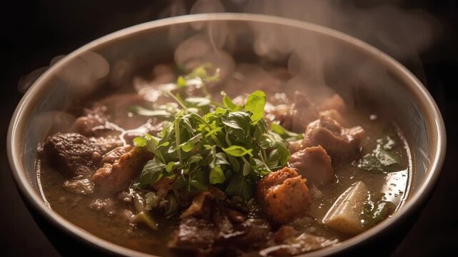 Steaming bowl of savory beef broth soup with microgreen topped hearty steaming bowl