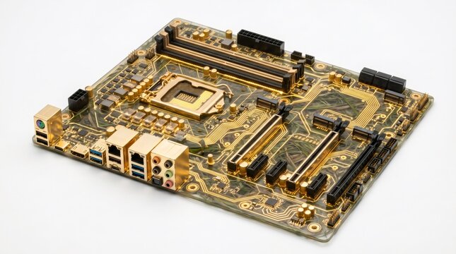 High Performance Gold Plated Computer Motherboard Isolated on White Background