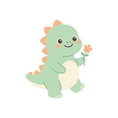 Cute cartoon dinosaur holding a flower, happy baby stegosaurus illustration © Wong