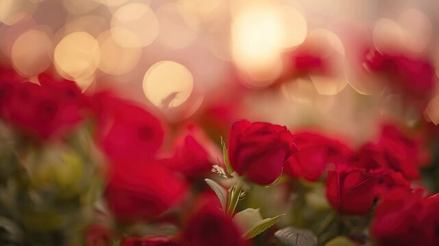 Red rose bouquet bokeh romantic sunset glow vibrant soft golden lights warm evening light