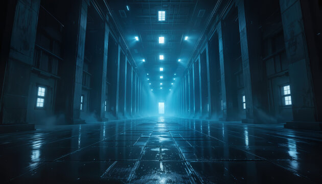 Mysterious light appears in abandoned industrial warehouse cinematic atmosphere dark environment dramatic perspective
