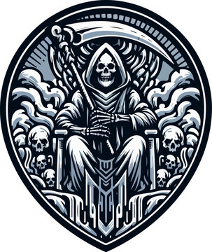 Intricate Line Art Drawing of a Hooded Grim Reaper Spirit of Death Seated on a Grand Gothic Throne Surrounded by Dark Skulls.